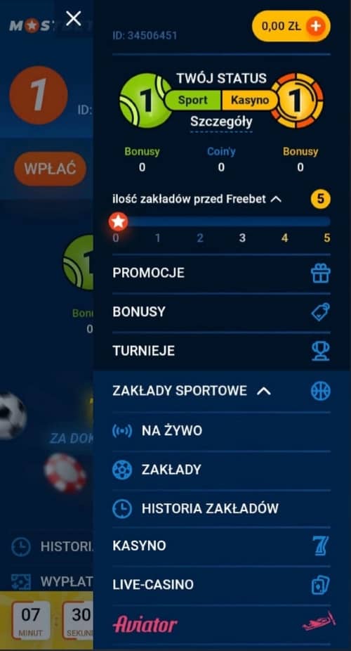 Боковое меню в мобильной версии Mostbet