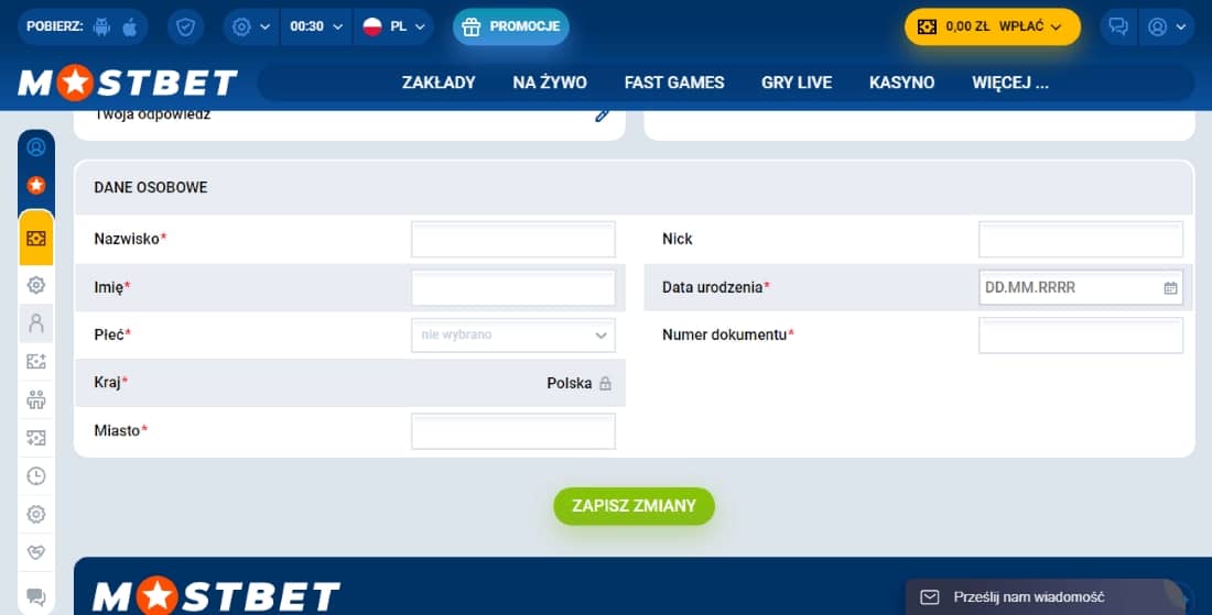данные профиля в mostbet
