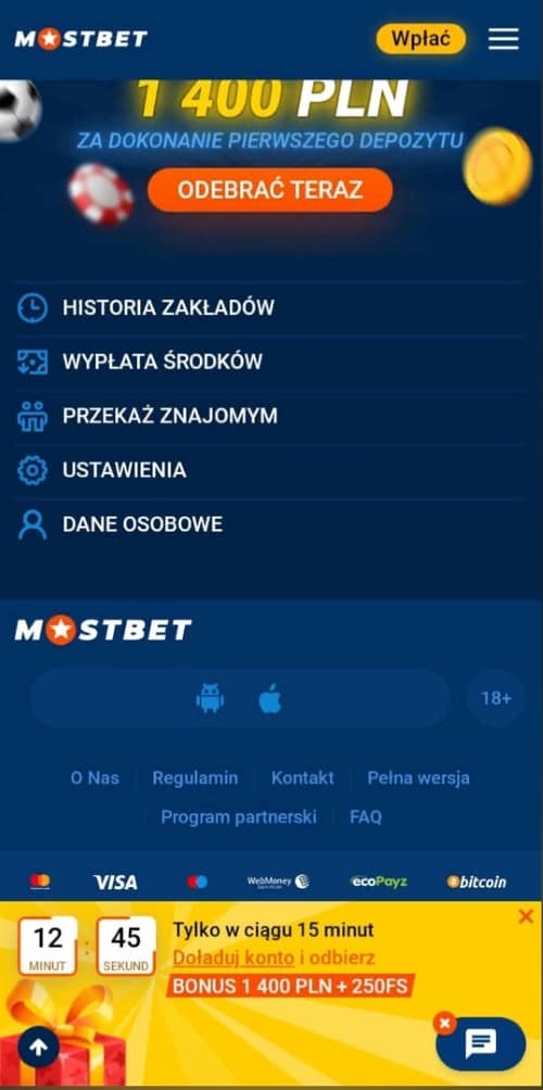 Меню профиля игрока в казино Mostbet.